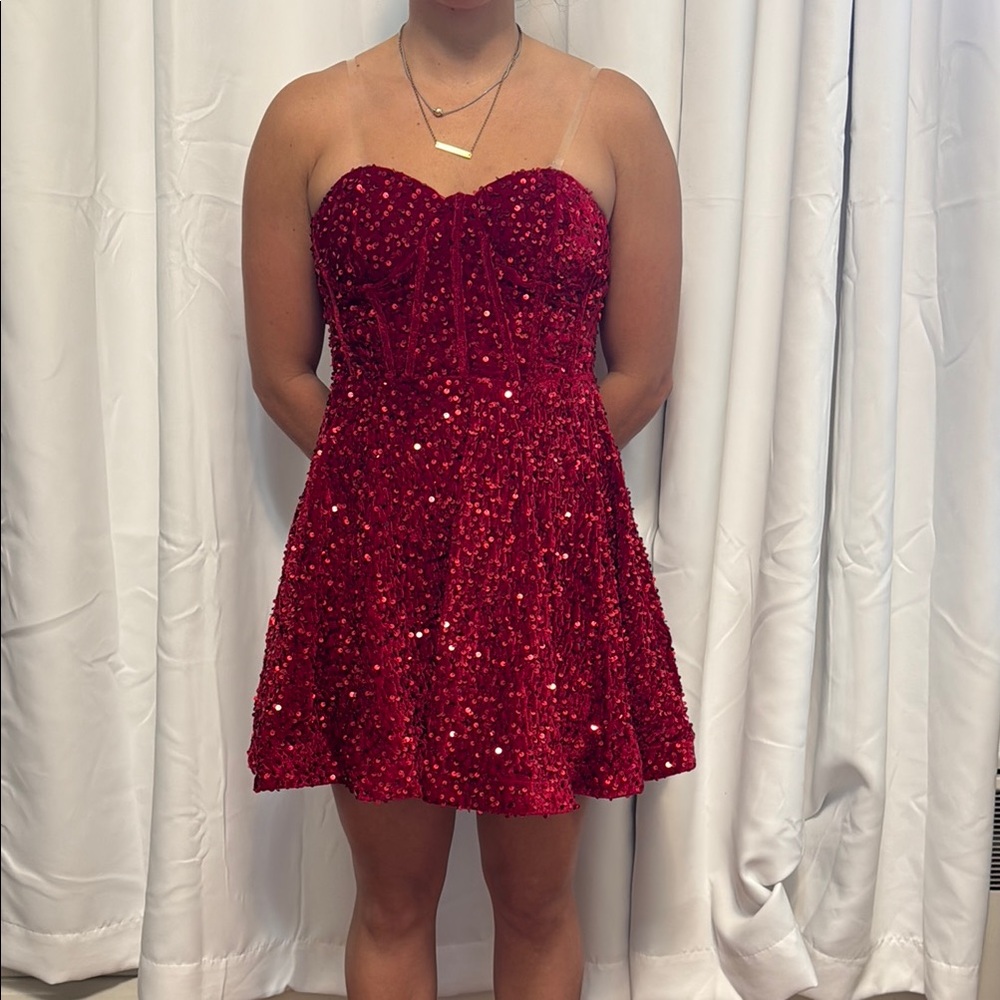 SHEIN Red Sequin Strapless Fit and Flare Mini Dress